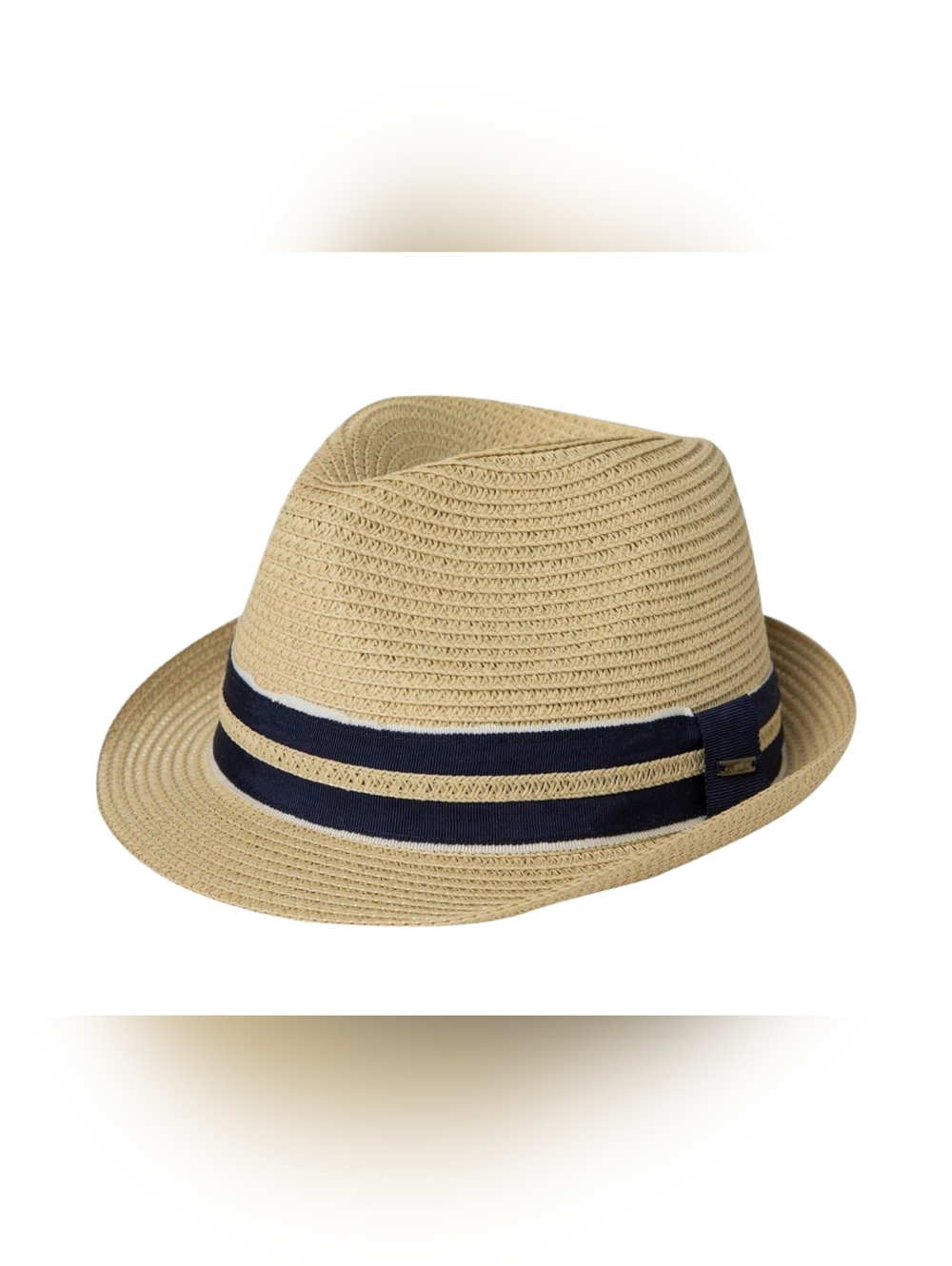 Packable Straw Trilby Hat with Navy Band